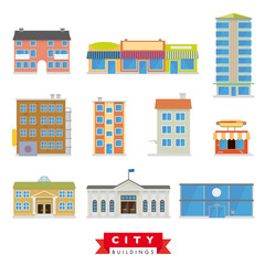 City Buildings Vector Set. 10 flat design icons