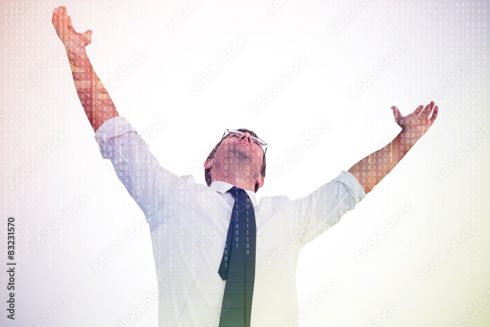 Poster composite image of handsome businessman cheering with arms up