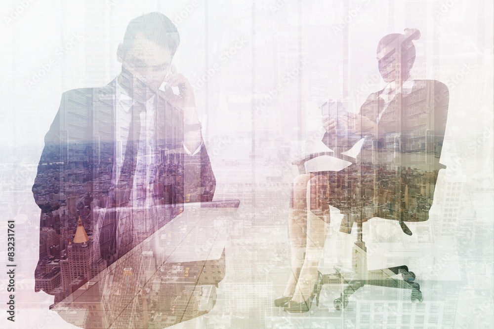 Poster composite image of businessman using laptop while phoning