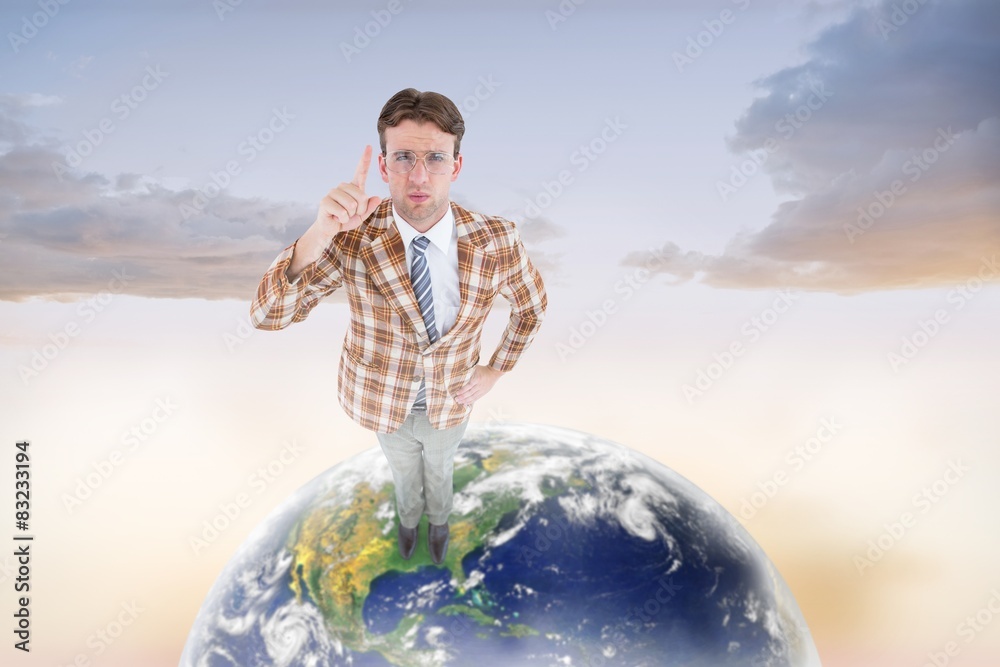Poster Composite image of upset geeky hipster pointing at camera
