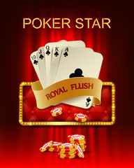 Casino background with poker combination royal flush and chips.