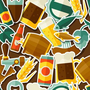 Seamless pattern with beer sticker icons and objects