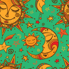 Tribal seamless pattern with sun, moon and stars.