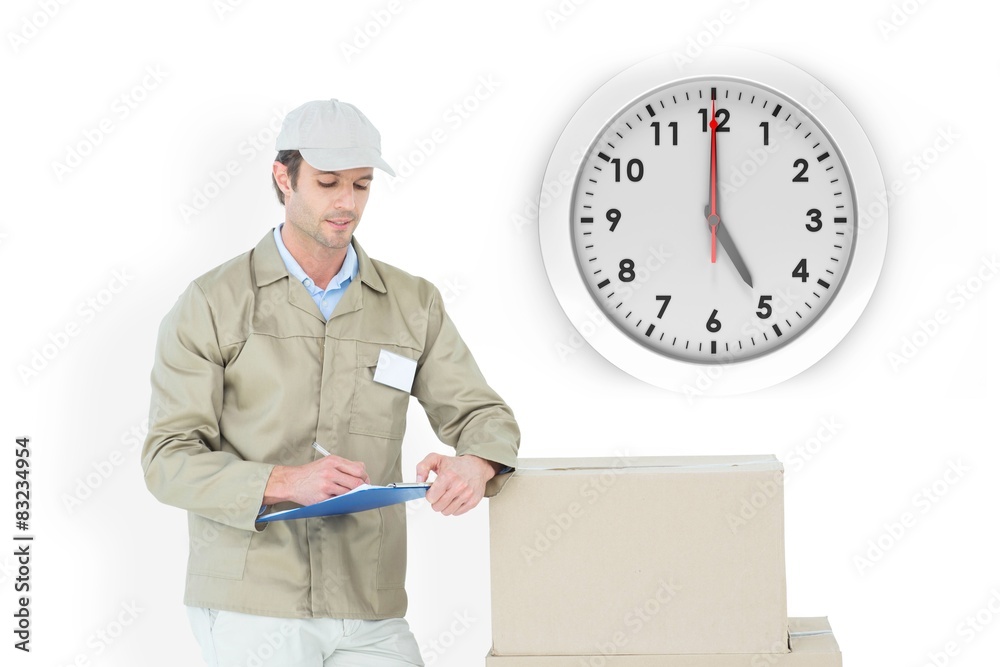 Poster composite image of delivery man writing on clipboard