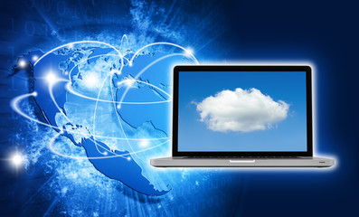 Blue vivid image of globe and laptop with cloud screen