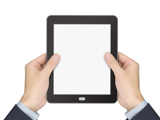 business concept: man's hands holding a tablet