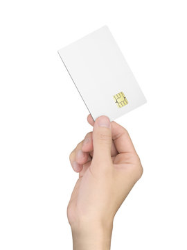 man's hand holding a blank chip card