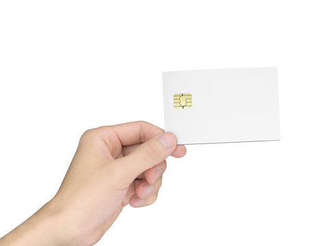 man's hand holding a blank chip card