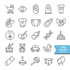 Set of vector hand drawn baby icons: clothes, toys, food