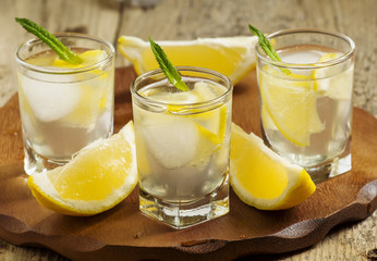 Refreshing cocktail with lemon and ice, selective focus