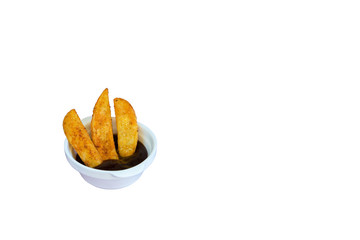 Bowl of fried potatoes isolated on white.