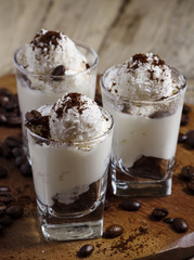 Tasty dessert with ice cream, chocolate and coffee, selective fo