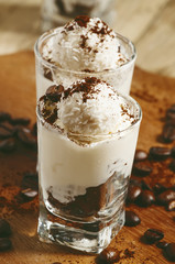 Tasty dessert with ice cream, chocolate and coffee, selective fo