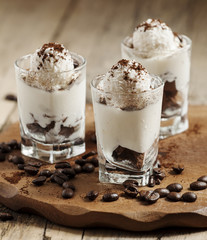 Tasty dessert with ice cream, chocolate and coffee, selective fo