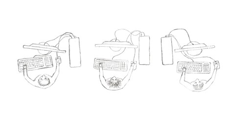 Working on computer in office pencil drawing on paper