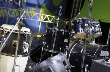 Fototapeta na wymiar Drum set, musical instrument on a street concert