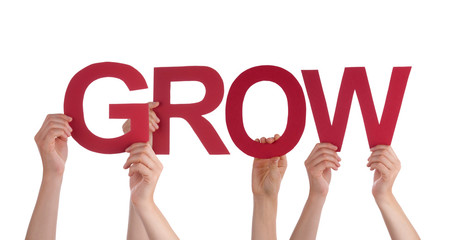 Many People Hands Holding Red Straight Word Grow 