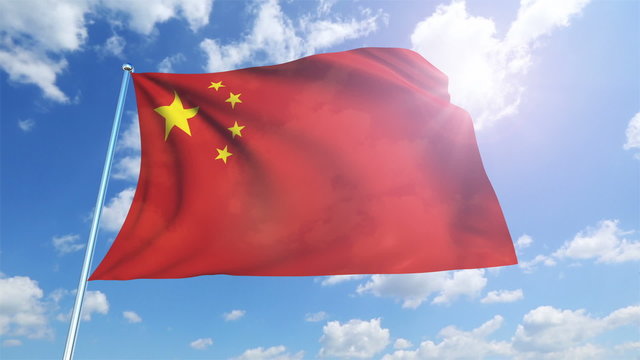 China flag with fabric structure against a cloudy sky (loop)