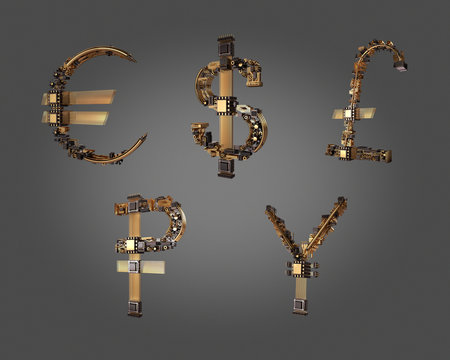 Business concept. Yen currency symbol of microchips 