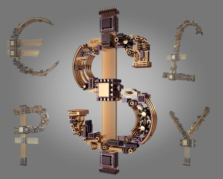 Business concept. Yen currency symbol of microchips 