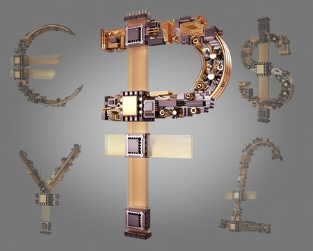 Business concept. Yen currency symbol of microchips 