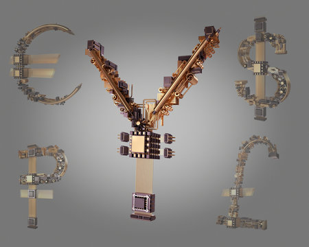 Business concept. Yen currency symbol of microchips 