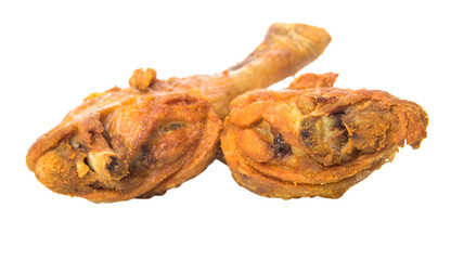 Deep fried chicken drumsticks over white background