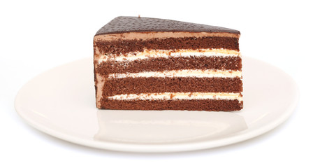 Beautiful tasty chocolate cake close up isolated on white backgr