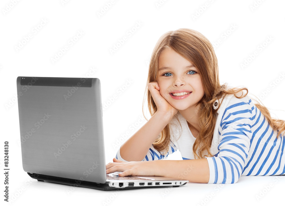 Sticker smiling student girl with laptop computer lying