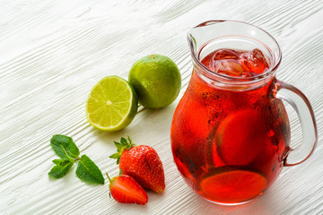 Coctail. Refreshing summer drink with Strawberry in jug