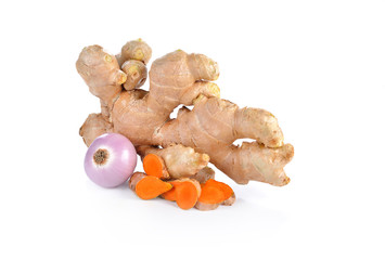 fresh ginger ,onion and tumeric on a white background