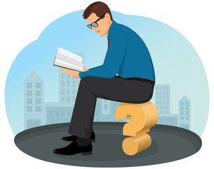 Businessman sitting on a question mark and reading a book