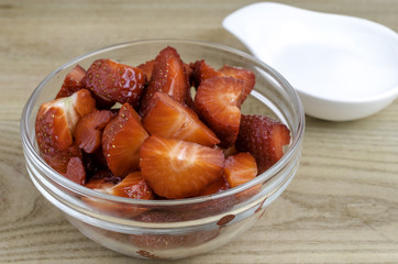 Strawberries in a bowl with cream.