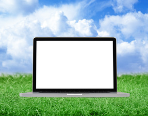 Laptop on some green grass on a cloudy day