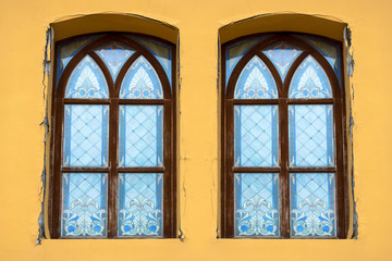 Stained glass old windows of Palanok Castle in Mukachevo