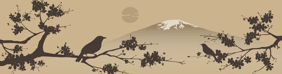 Japanisches Design mit Fuji-Berg und Sakua-Baum. © ka_lou