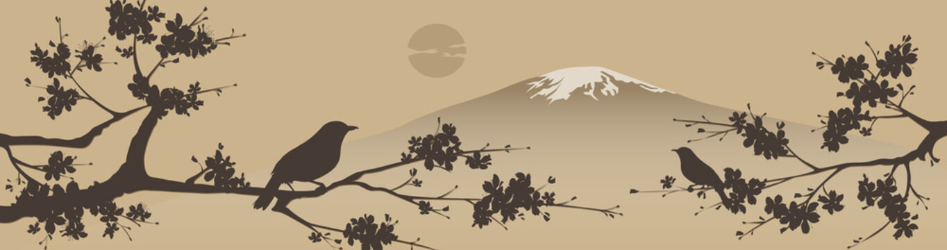 Japanese Design With Fuji Mountain And Sakua Tree.