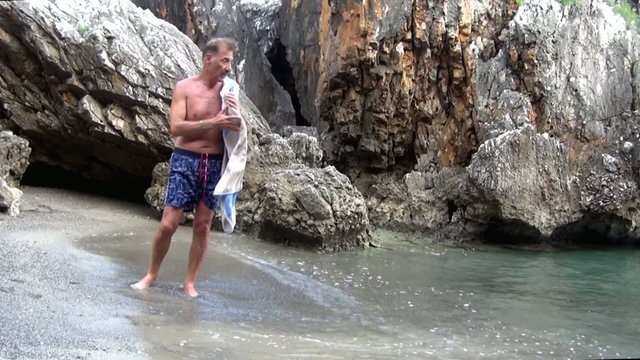 Man after a bathe at beach