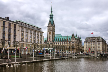 Hamburg town hall and Alster river, Germany