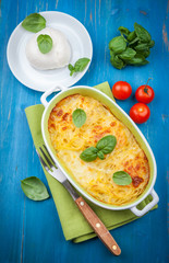 Casserole with pasta and mozzarella cheese