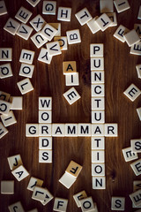 The words GRAMMAR, WORDS, and PUNCTUATION using letter tiles