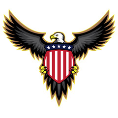 Fototapeta premium Patriotic American Eagle, Wings Spread, Holding Shield with Red White and Blue Stars and Stripes, Isolated Vector Illustration