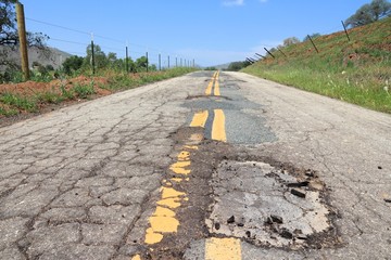 Damaged roadway - Yokohl Drive in California