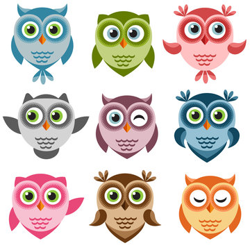 Set of cute cartoon owlets