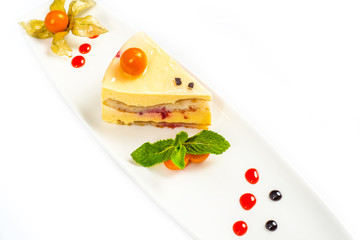 Dessert - Cake with Berries Sauce and Green Mint