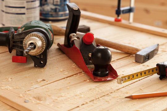 Woodworking tools on a carpenter's table