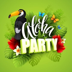 Aloha Hawaii. Hand lettering with exotic flowers. Vector