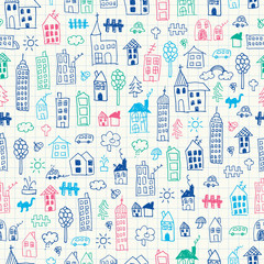 Cityscape doodles. Seamless pattern