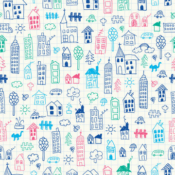 Cityscape doodles. Seamless pattern © angelinast