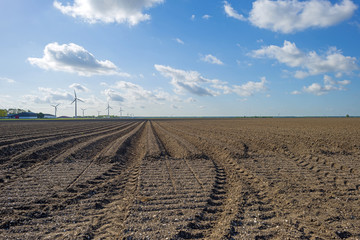 Plowed field with furrows in spring